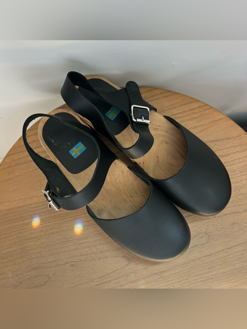 MIA Sofia Swedish Black Leather Slingback Clogs with Buckle Sz 39